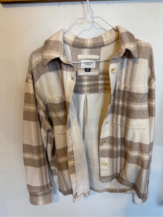 American Eagle Outfitters Sweaters - American Eagle Cream and Tan Plaid Button-Up Jacket